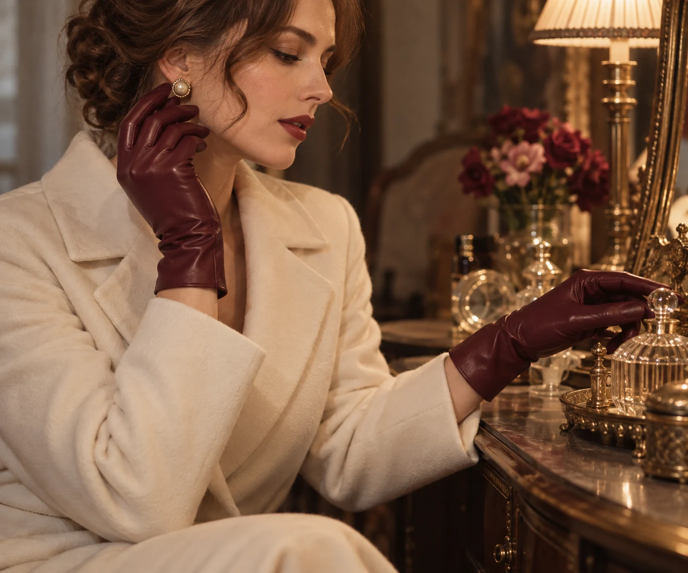 Burgundy leather gloves styled with an evening outfit